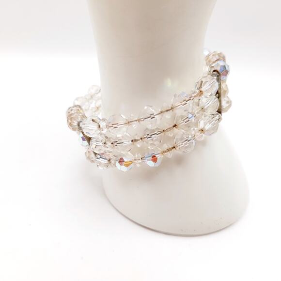 Vintage 1950s Aurora Borealis Crystal Beaded Bracelet, 3-Row Memory Wire Jewelry - Picture 4 of 11